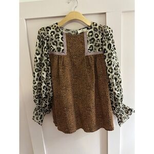 Entro Mixed Animal Print Babydoll Blouse Leopard Cheetah Smocked Sleeve Small